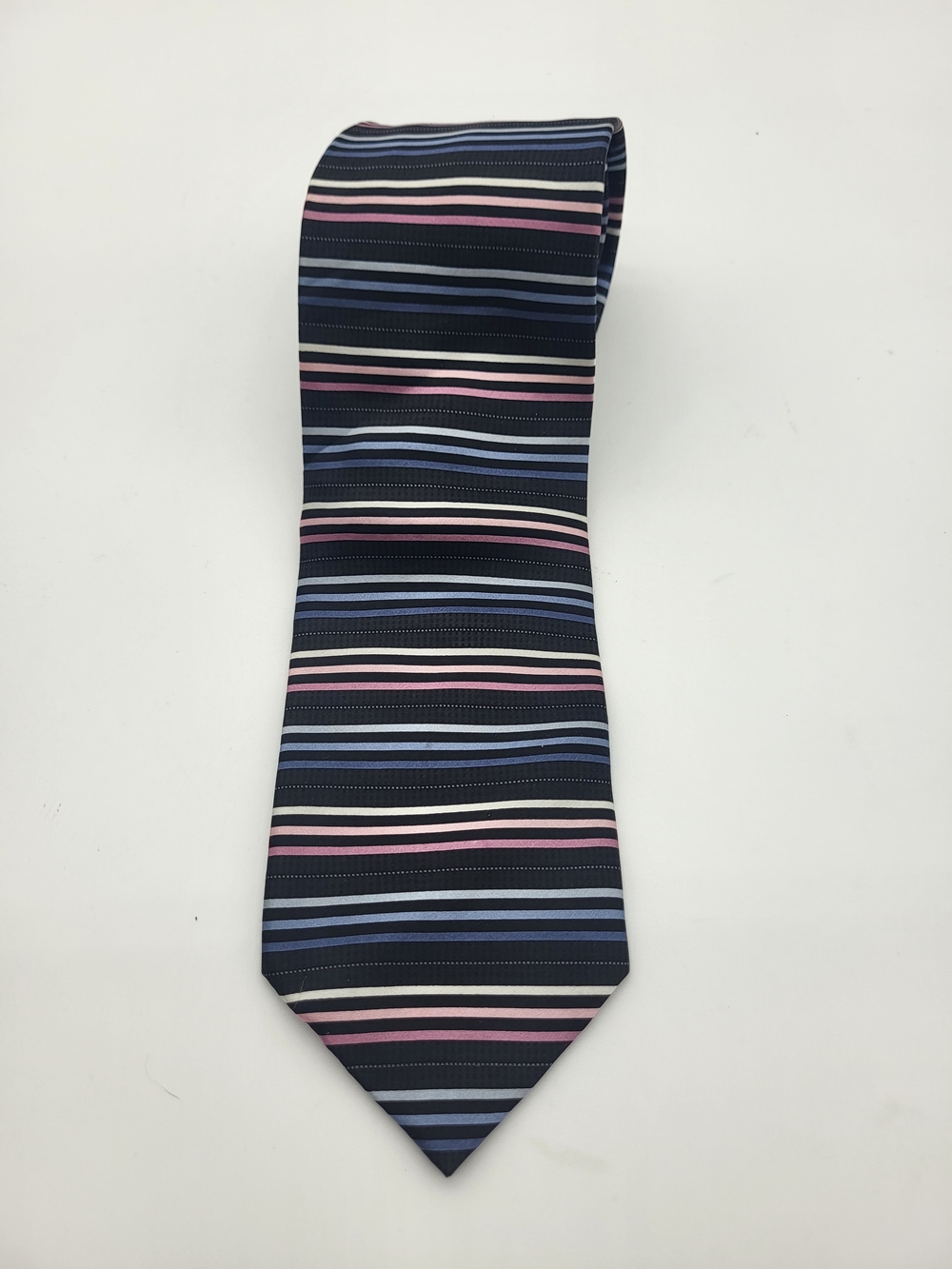 Navy Striped Men's Tie with Pink and Light Blue Accents
